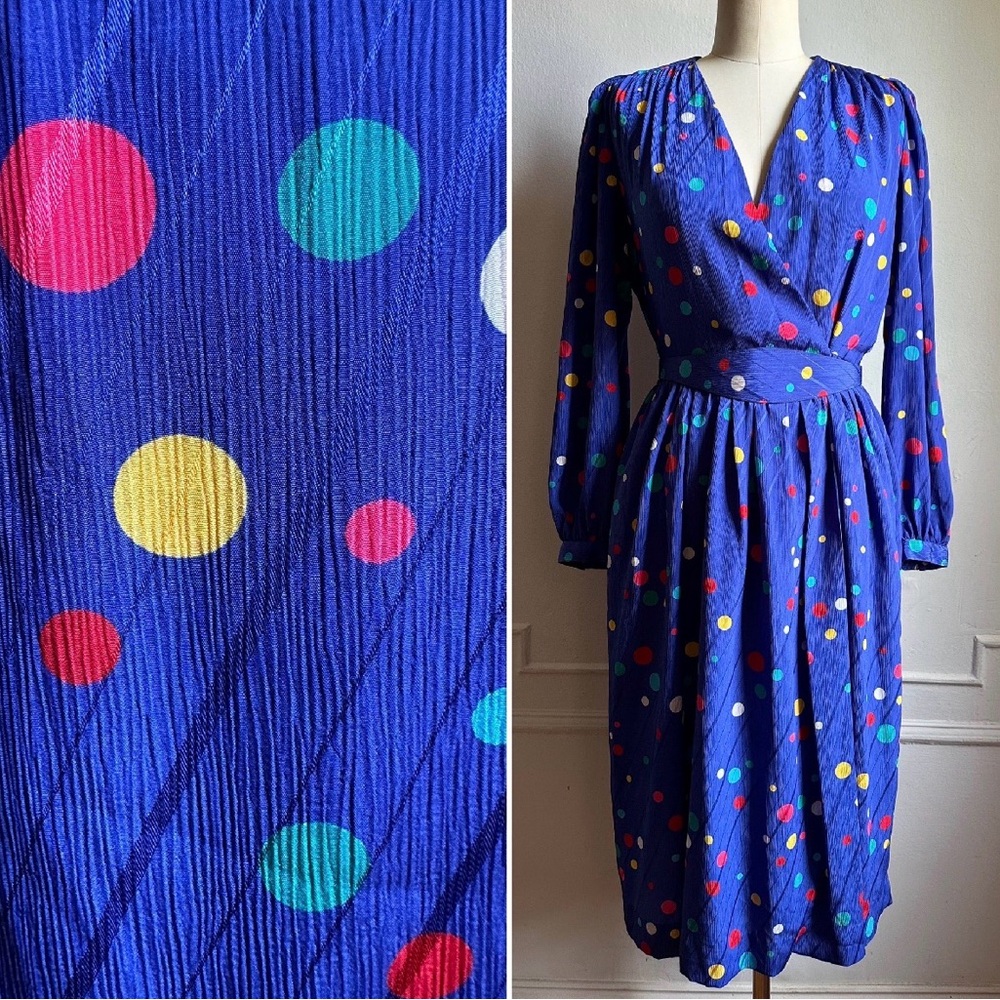 Vintage Blue Multicolor Polka Dot Wrap Dress with Belt